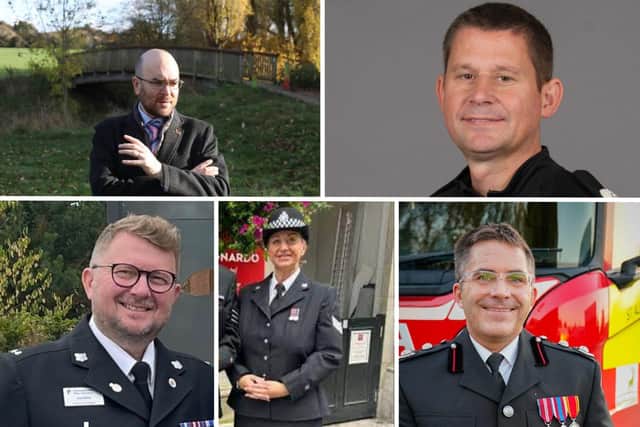 Senior fire and police officers in Northamptonshire have condemned their own commissioner Stephen Mold. Top left, Superintendents' Association Chair Joe Banfield: top right, Acting Chief Constable Ivan Balhatchett, bottom (from left) Police Fed Chair Sam Dobbs, Police Fed Secretary Charlotte Pateman, Acting Chief Fire Officer Simon Tuhill.