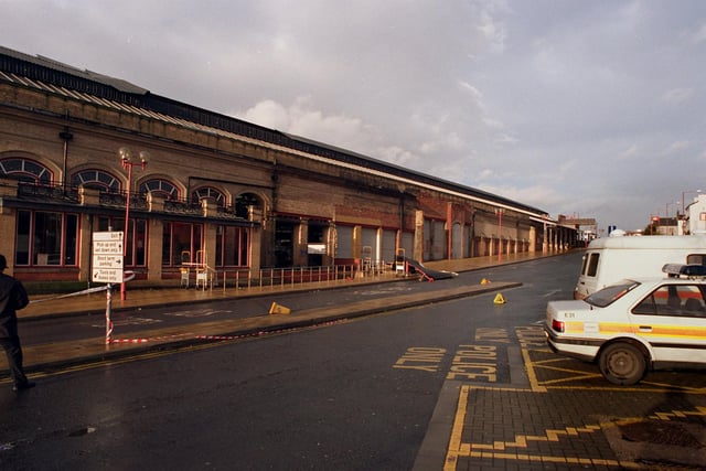 The scene on Preston railway station on Christmas Day 1997 after strong winds which brought down part on the roof