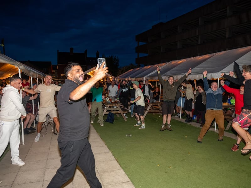 Football fans watching England vs Mexico in the garden of The Black Prince in Northampton. Photo by David Jackson.