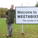Jim Beaty, farmer, in front of a ‘Welcome to Weetabixshire’ sign which has been erected in the Northamptonshire town of Burton Latimer to mark the new proposed county lines of Weetabixshire (Photo credit: Michael Leckie/PA Wire)