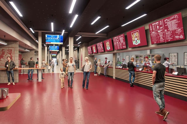CGI of how the east stand concourse will look for fans, and the new food and beverage kiosks