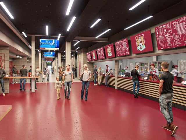 CGI of how the east stand concourse will look for fans, and the new food and beverage kiosks