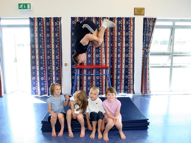 2008 - Gymnast / tumbler Michael Lopez doing a display and activities with pupils from The Arbours Primary School.