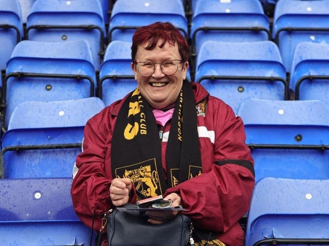 Northampton Town supporters prior to the final game of the promotion season at Tranmere Rovers.