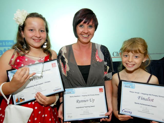 Nicola Daly (Hopping Hill Primary School - Outstanding Pupil Award - Winner), Becky Maddison (Hopping Hill Primary School - Inspirational Teacher Award - runner-up) and Robyn Arnall of Hopping Hill Primary School. Sport Achievement Award finalist.
