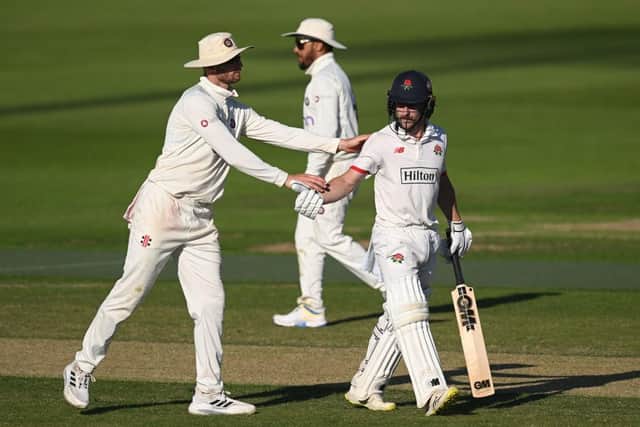Josh Bohannon is congratulated by Rob Keogh of Northamptonshire after his innings of 175 (Picture: Shaun Botterill/Getty Images)