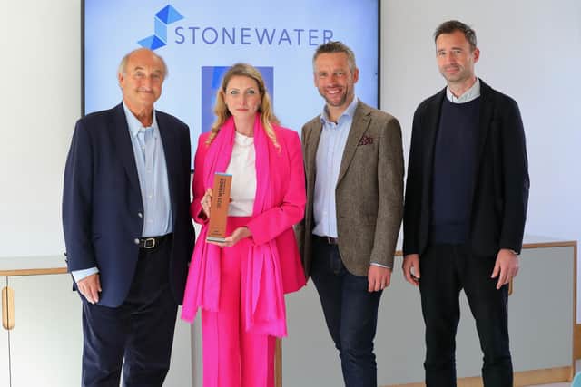 •	(L to R) George Blunden, former Stonewater chairman; Amy Jackson, Blunden Prize 2025 winner; Jonathan Layzell, Chief Executive at Stonewater; Laurence Sillars, Head of the Henry Moore Institute