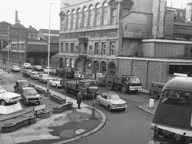 Traffic at Mulliners's Corner, bottom of Bridge Street, Northampton, July 27, 1970