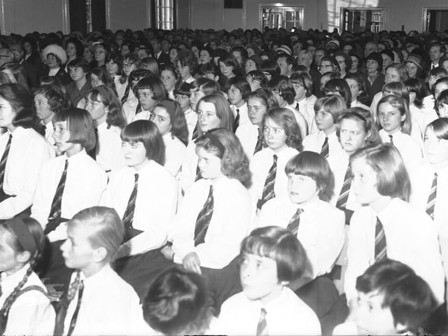 Pupils in school hall assembly in Northampton in the 1960s