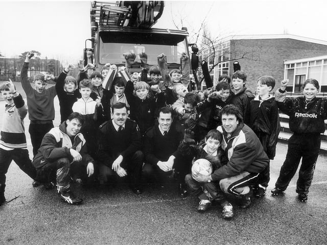 Cliftonville Middle School pupils with firefighters (and Russell Lewis) 1993