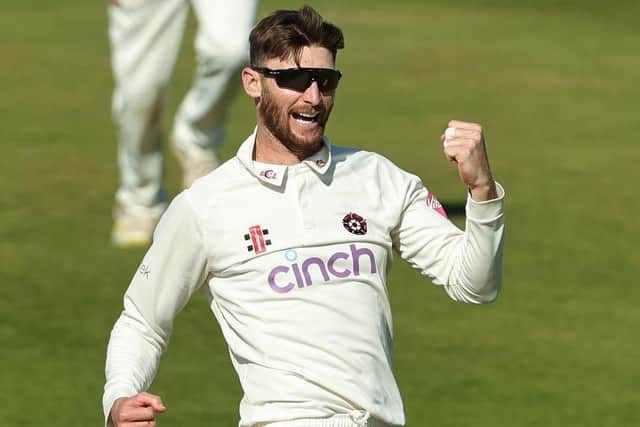 Rob Keogh celebrates after taking the wicket of Tom Scriven (Photo by David Rogers/Getty Images)