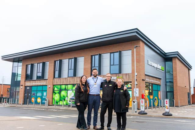 The new 4,682 sq ft store at Glenvale Park is the biggest and greenest in the Heart of England Co-op’s 38-strong portfolio. Pictured outside the new food store on launch day are (from l-r) Hannah Baldwin (team leader), Rob Owen (area manager), Robert Jones (store manager) and Jacqueline Coles (customer service adviser).