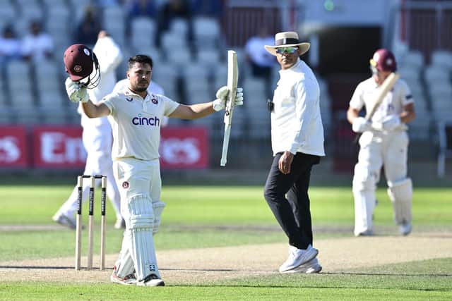 Ricardo Vasconcelos celebrates reaching his century at Old Trafford (Picture: Luke Adams)