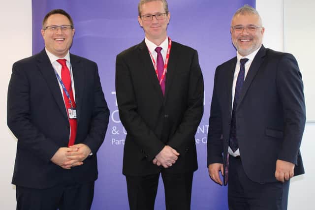 (Male Left, Robin Webber-Jones, Principal for Tresham College, Male Middle, Ben Fletcher Chief Operating Officer of Make UK, Male Right, Yiannis Koursis, CEO)