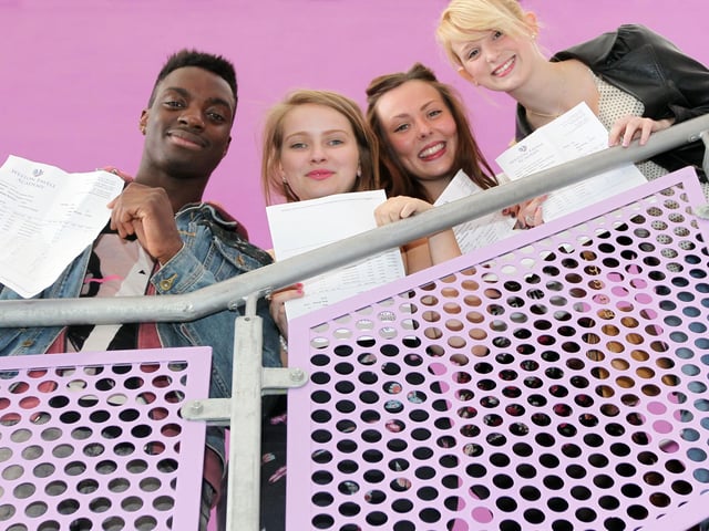 2012 - A level results at Weston Favell Academy, Booth Lane North, Northampton. Nana Duodu, Zoe Smith, Georgi Bishop and Patsy Cummings.