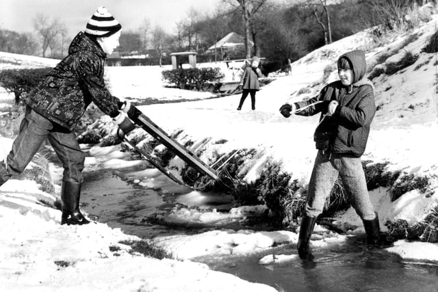 Getting set for some sledging fun in Valley View Park, Jarrow, in 1970.
