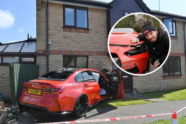 The BMW crashed into the house last year - and Mat Armstrong (inset) has set out to fix it