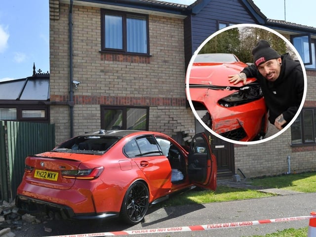 The BMW crashed into the house last year - and Mat Armstrong (inset) has set out to fix it