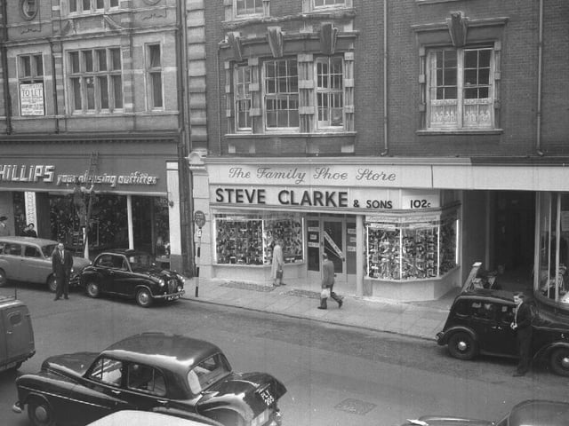 Shopping street with Steve Clarke and Sons and Phillips stores