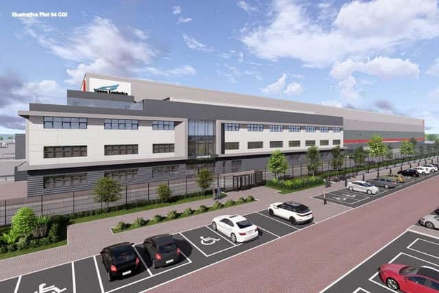 CGI illustration of the three-storey office at the front of the warehouse.