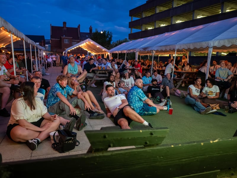 Football fans watching England vs Panama in the garden of The Black Prince in Northampton on Saturday, June 27, 2026. Photo by David Jackson.