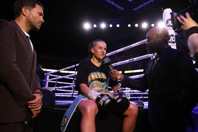 Chantelle Cameron and promoter Eddie Hear are interviewed after the Northampton fighter's win over Victoria Bustos on Saturday