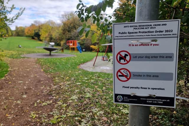 Signs at the entrance to the park’s play area – which leads into a larger open field – state that dogs are not allowed. But walkers reaching the field from the car park must pass the play area, prompting calls for a clear boundary line.