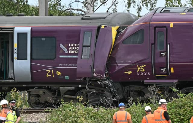 Two East Midlands Railway (EMR) trains crashed into each other on June 19, just south of Bedford (Photo by JUSTIN TALLIS / AFP via Getty Images)