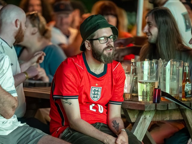 Football fans watching England vs Norway in the garden of The Black Prince in Northampton on Saturday, July 11, 2026. Photo by David Jackson.