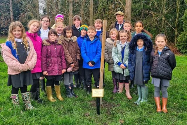 Children from Roade Primary School planting trees at Courteenhall Estate