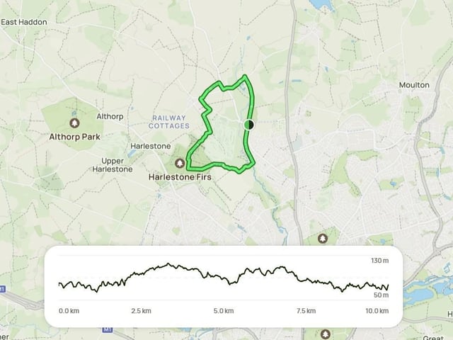 Head out on this 10.0-km circular trail near Northampton, Northamptonshire - a moderately challenging route with 185m of elevation gain, typically taking around 2 hours and 25 minutes to complete. Ideal for hiking, running and walking, it's usually quiet, offering a peaceful experience. Open year-round, the trail is beautiful in any season. Starting at Boughton railway station, the route follows the Brampton Valley Way through green fields along the town’s edge. It crosses the Brampton Branch (Nene), continues through farmland, and enters the woodland of Harlestone Firs. After winding through the trees, the trail passes Northamptonshire County Golf Club and heads into Church Brampton and Chapel Brampton before looping back through grassland to the start. The path can be muddy in places and features gentle inclines as it explores a varied and scenic landscape.