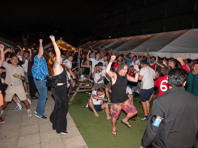 Football fans watching England vs Norway in the garden of The Black Prince in Northampton on Saturdy, July 11, 2026. Photo by David Jackson.