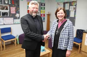 The next Bishop of Brixworth will be The Venerable Dr Alex Hughes - the announcement was made on visit to Bishop Stopford School in Kettering  Rev Dr Hughes and Bishop of Peterborough the Rt Rev Debbie Sellin/IMG