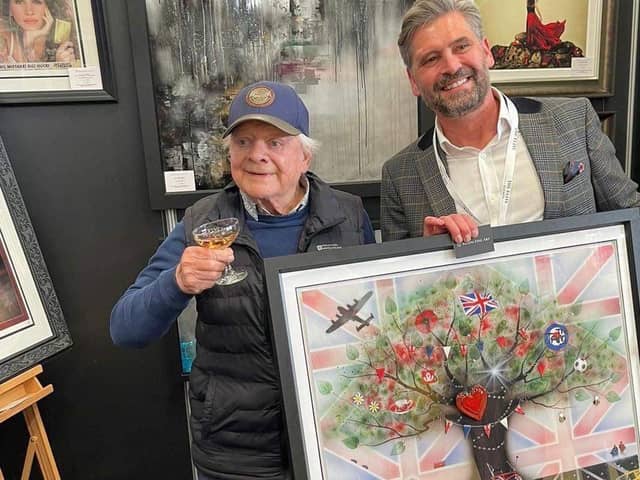 British actor Sir David Jason was photographed on the Bloom Fine Art stand at The Elite London show in High Wycombe, Buckinghamshire, together with Rob Farmer, the Bloom Fine Art Gallery's manager.