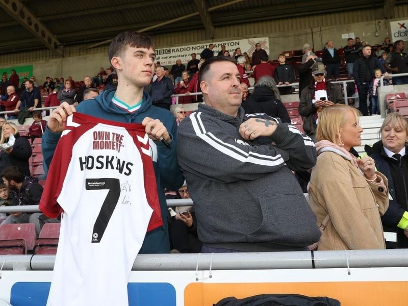 A Northampton Town fan waits to have his shirt signed by Sam Hoskins prior to the Sky Bet League Two between Northampton Town and Salford City at Sixfields on October 08, 2022.
