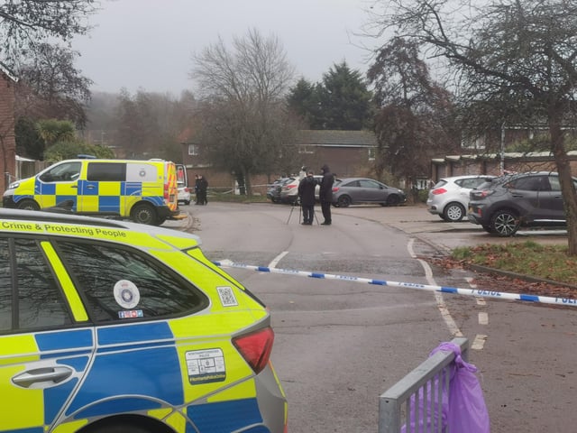 This was the crime scene in Flaxwell Court, Standens Barn, on Thursday at 3pm, where police were investigating the murder of a man in his 20s.