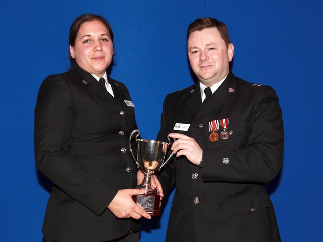 2013 - Northamptonshire Police Long Service awards ceremony takes place at their Headquarters, Wootton Hall, Northampton. Commandant's Cup for Special Constable of the year, Special Insp Samantha Ryall, presented by Special Sups Mike Maywood.