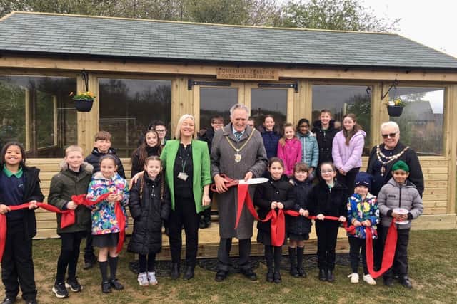 The Mayor and Mayoress opening the classroom at Simon de Senlis Primary School.