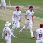 Jack White celebrates claiming the wicket of Lancashire's Luke Wells at the County Ground