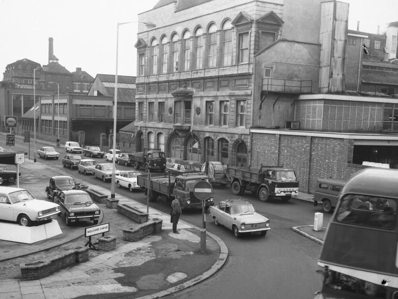 Traffic at Mulliners's Corner, bottom of Bridge Street, Northampton, July 27, 1970