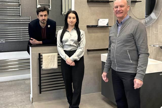Parshin, Carla and Mick in the new-look bathroom showroom at Bell of Northampton.