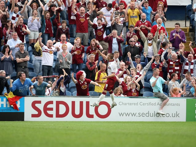 2011: Shaun Harrad of Northampton Town celebrates after scoring his sides second goal during the npower League Two match between Stockport County and Northampton Town Town at Edgeley Park on April 25, 2011 in Stockport, England. (Photo by Pete Norton/Getty Images)