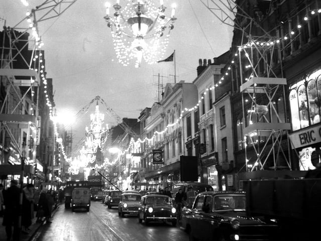 Gold Street Christmas lights, November 29, 1960. Traders in Gold Street always had a good display of decorations as they bought lights which had adorned Regent Street, London, the previous Christmas! Northampton