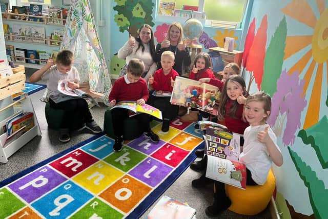 Joanna attending recent book donation to primary school