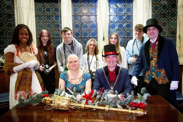 Northampton College Level 2 Photography students with The Mayor, Cllr Paul Joyce, Mayoress Mylissa Joyce, and Lorraine and Lee Lewis of The Lewis Foundation