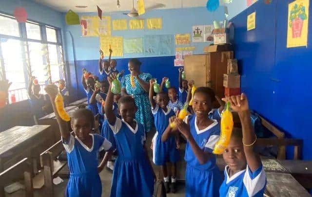 Some of Eunice’s donations are received at a Ghanian school