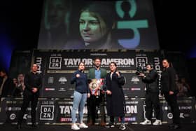 Katie Taylor, Chantelle Cameron and Eddie Hearn at the big fight press laucnh in Dublin on Monday (Picture: Mark Robinson / Matchroom Boxing)