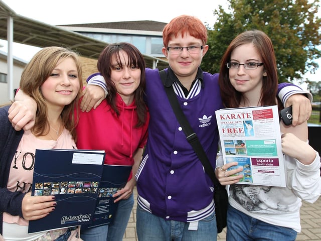 2011 - GCSE results at Abbeyfield School, Mereway, Northampton. L-R Elena Luca, Sarah Dunkley, Jake Higgerson and Cassandra Johnson.