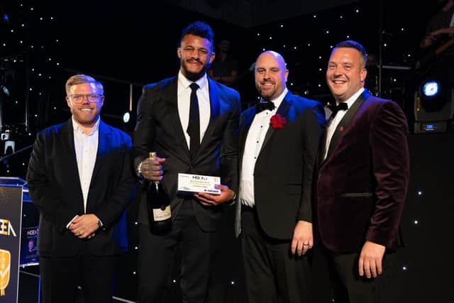 Host Rob Beckett, ICON Award winner Courtney Lawes with organisers Ben Thomas and Frazer Arnott.