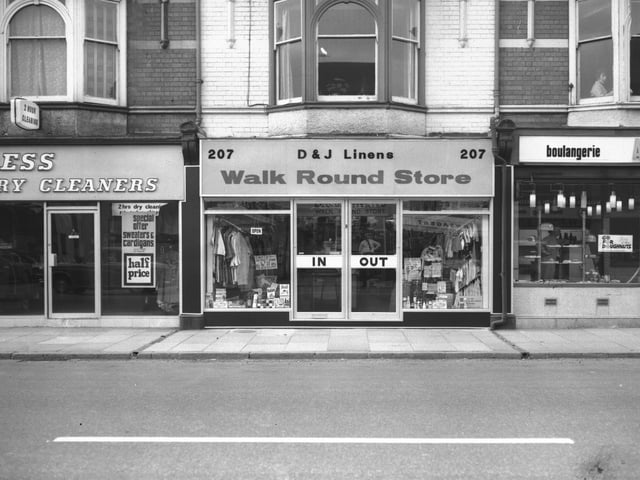 D & J Linens shop, March 16, 1970 - very clear signs telling you which doors to go through